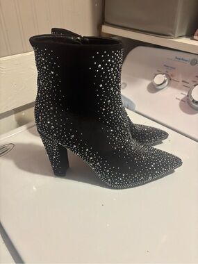 Black Crystal-Embellished Pointed Toe Ankle Boots